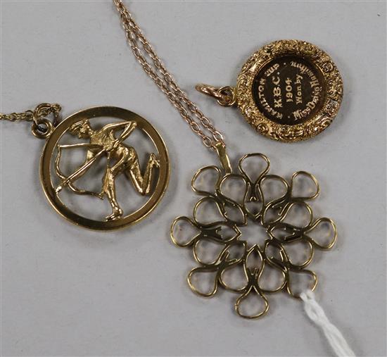 Three 9ct gold pendants, two with chains, one stamped 9ct.